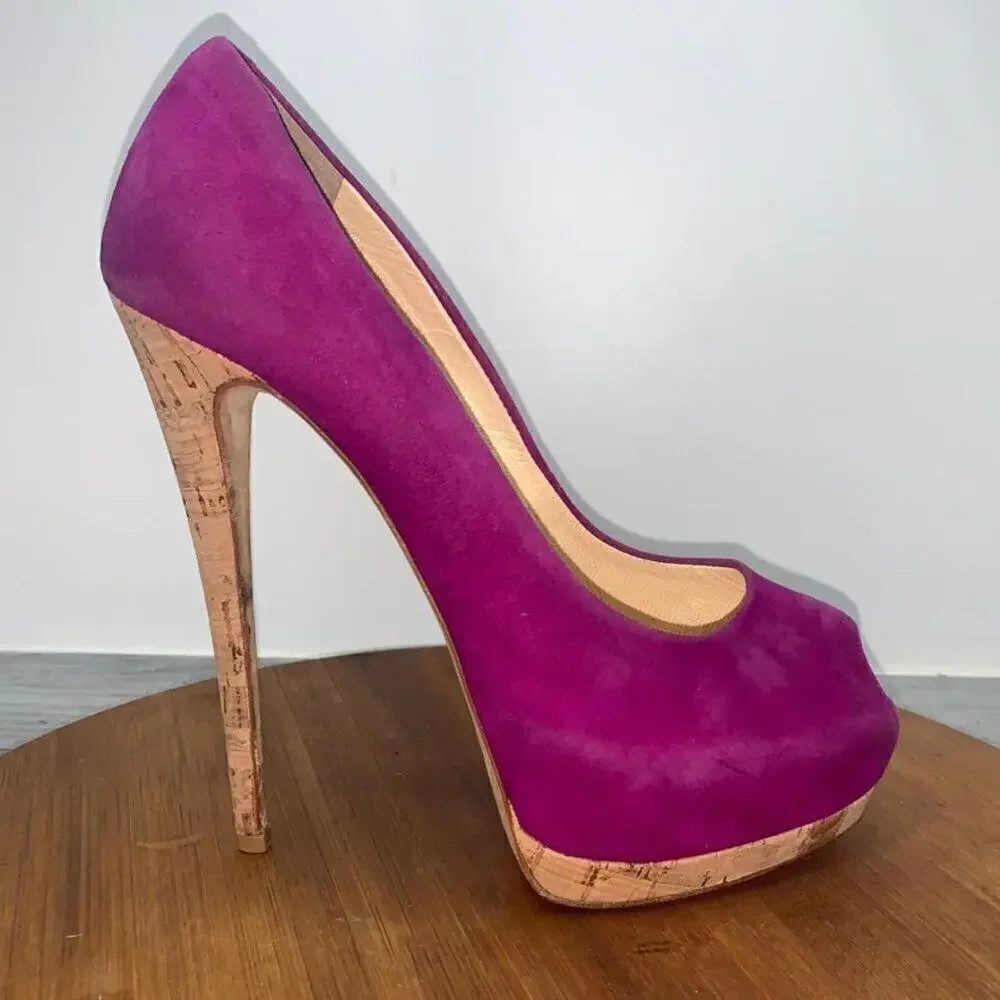 Giuseppe Zanotti SHARON Platform Peep Toe Suede Purple Clover Pump Heels Sz 38.5
